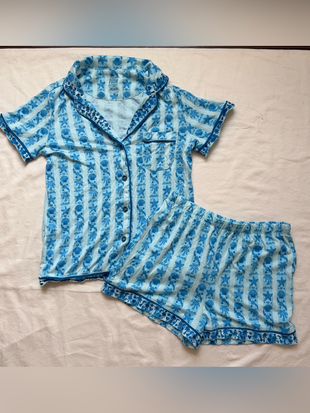 Pink Palm Puff Pajamas in Cape Cod Blue